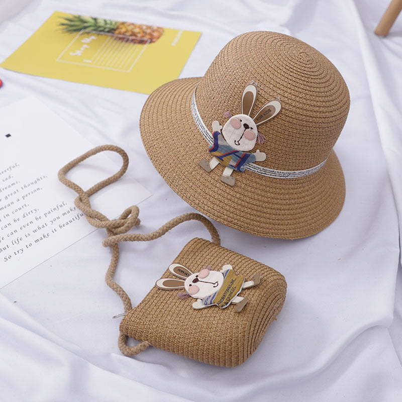 Sommer-Set für Kinder – Strohhut & Tasche mit süßer Hasen-Deko
