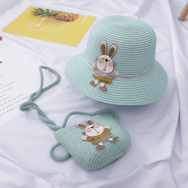 Sommer-Set für Kinder – Strohhut & Tasche mit süßer Hasen-Deko