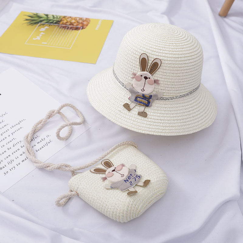 Sommer-Set für Kinder – Strohhut & Tasche mit süßer Hasen-Deko