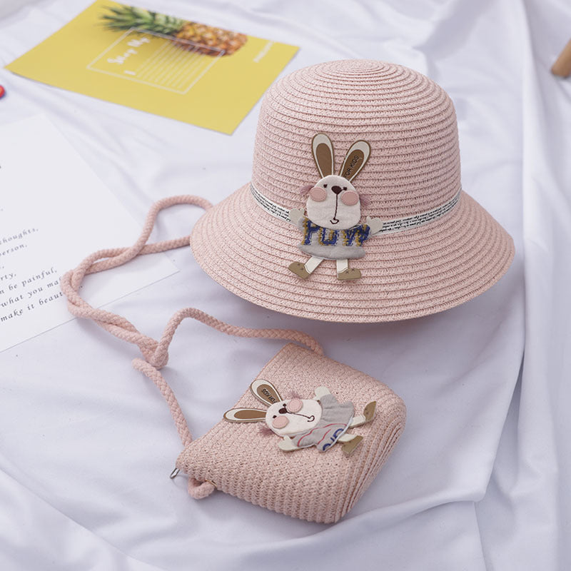 Sommer-Set für Kinder – Strohhut & Tasche mit süßer Hasen-Deko