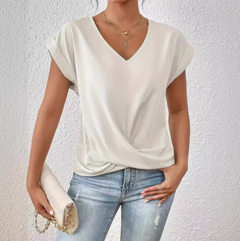 Sommer-T-Shirt mit V-Ausschnitt & Knoten-Detail