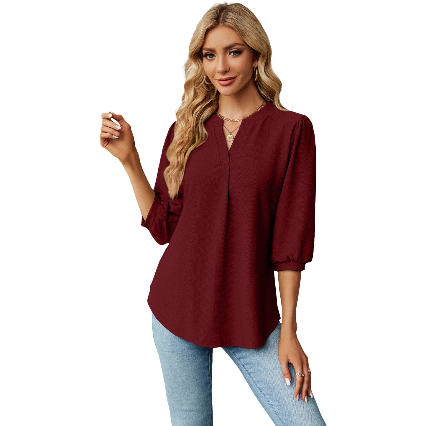 Elegantes Jacquard-Shirt mit V-Ausschnitt