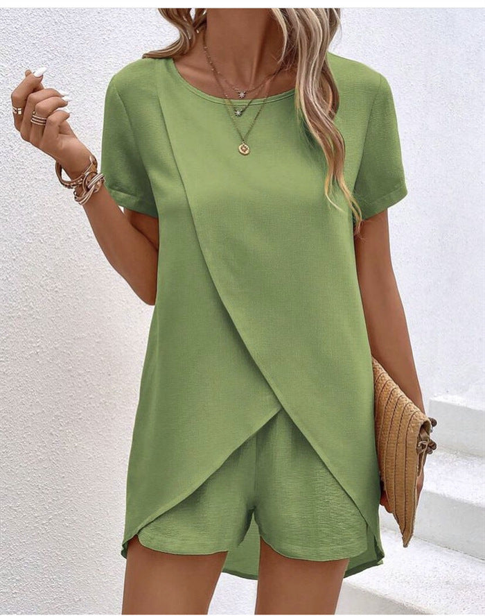 Zweiteiler Damen Set Asymmetrisches Oberteil & Shorts