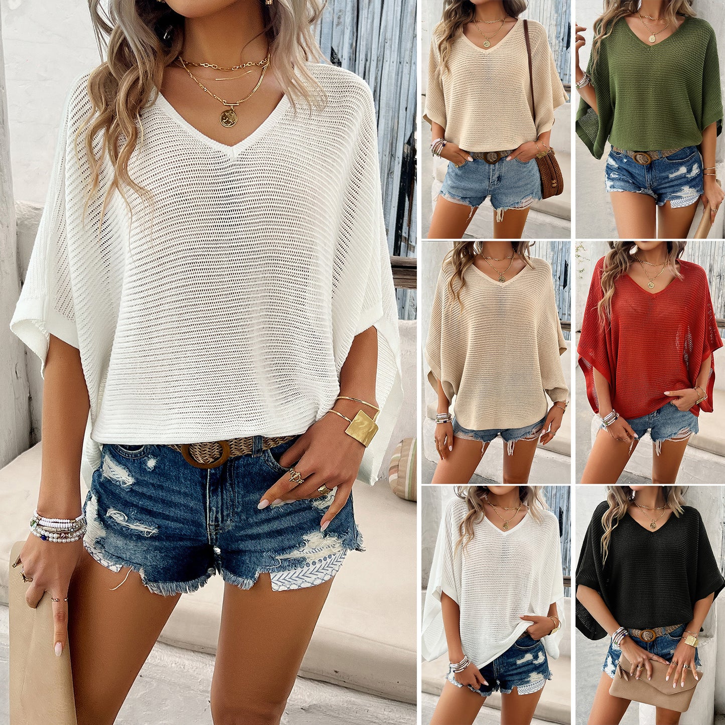 Sommerliches Strickshirt mit V-Ausschnitt