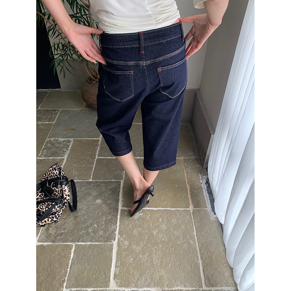 Damen Jeans mit rotem Stitching – Gerade Passform, Mid-Waist, Frühling & Sommer