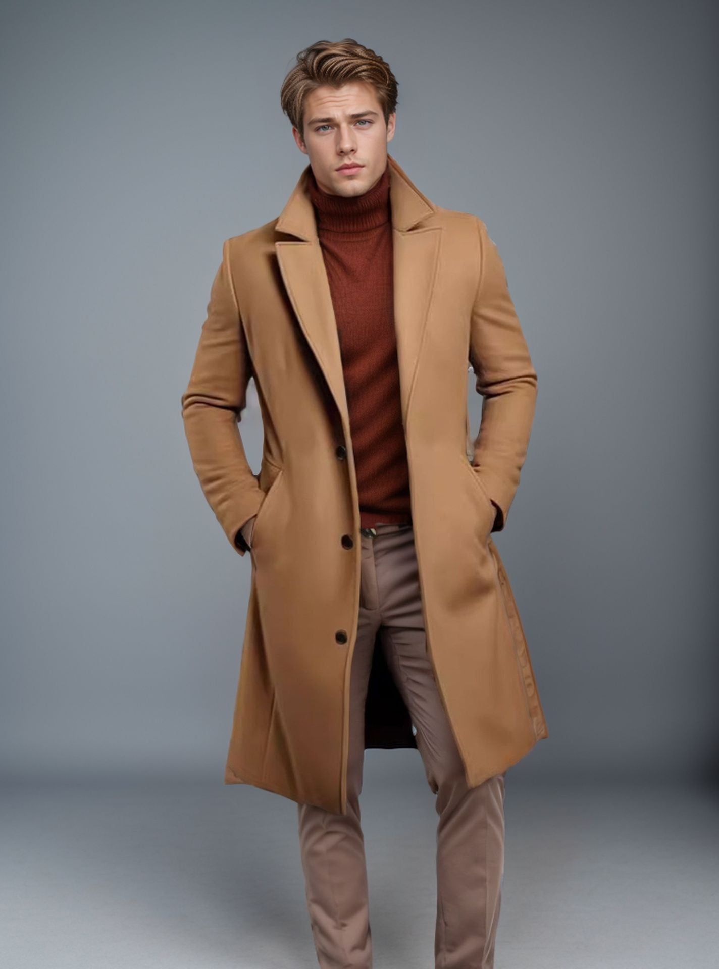Herren Woll-Trenchcoat – Klassisch & Elegant – Mid-Length Mantel für Herbst & Winter