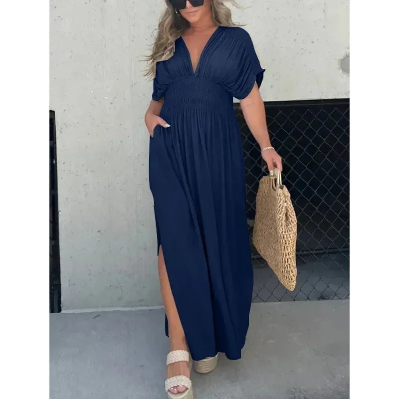 Damen Sommerkleid mit V-Ausschnitt – Maxi-Kleid