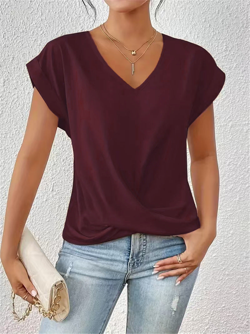 Sommer-T-Shirt mit V-Ausschnitt & Knoten-Detail
