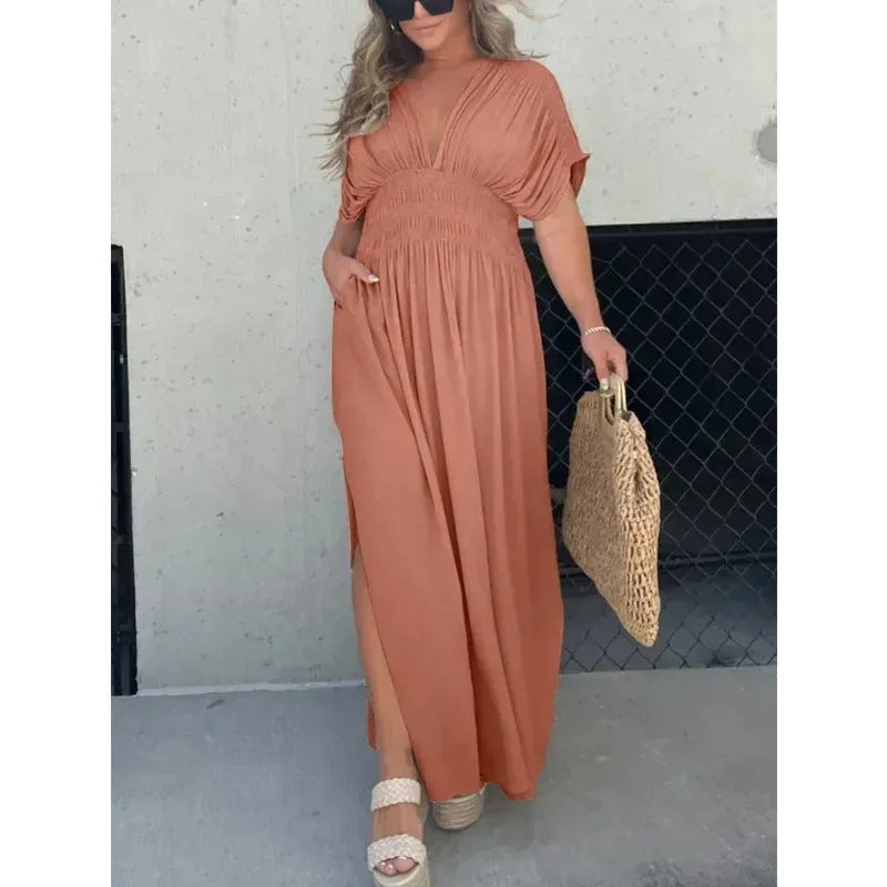 Damen Sommerkleid mit V-Ausschnitt – Maxi-Kleid