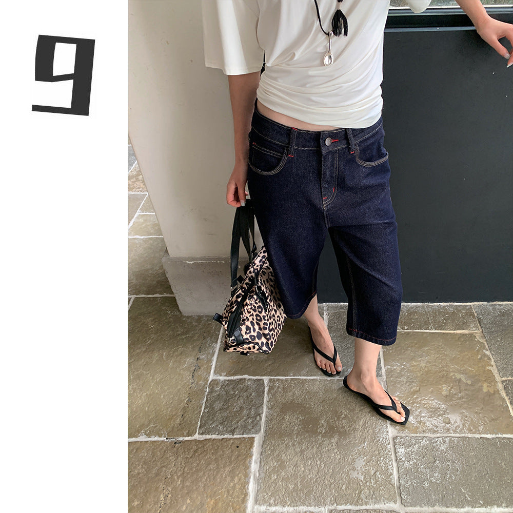 Damen Jeans mit rotem Stitching – Gerade Passform, Mid-Waist, Frühling & Sommer