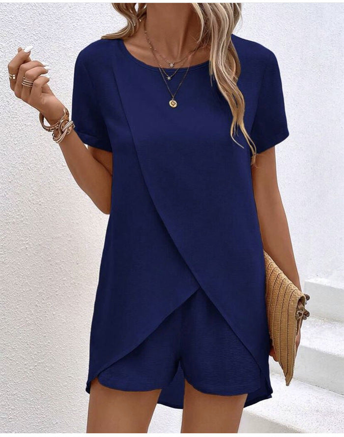 Zweiteiler Damen Set Asymmetrisches Oberteil & Shorts