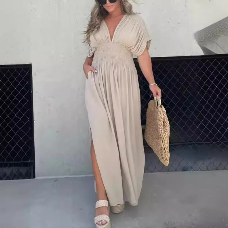 Damen Sommerkleid mit V-Ausschnitt – Maxi-Kleid
