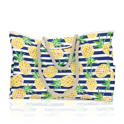Große gestreifte Strandtasche mit Print