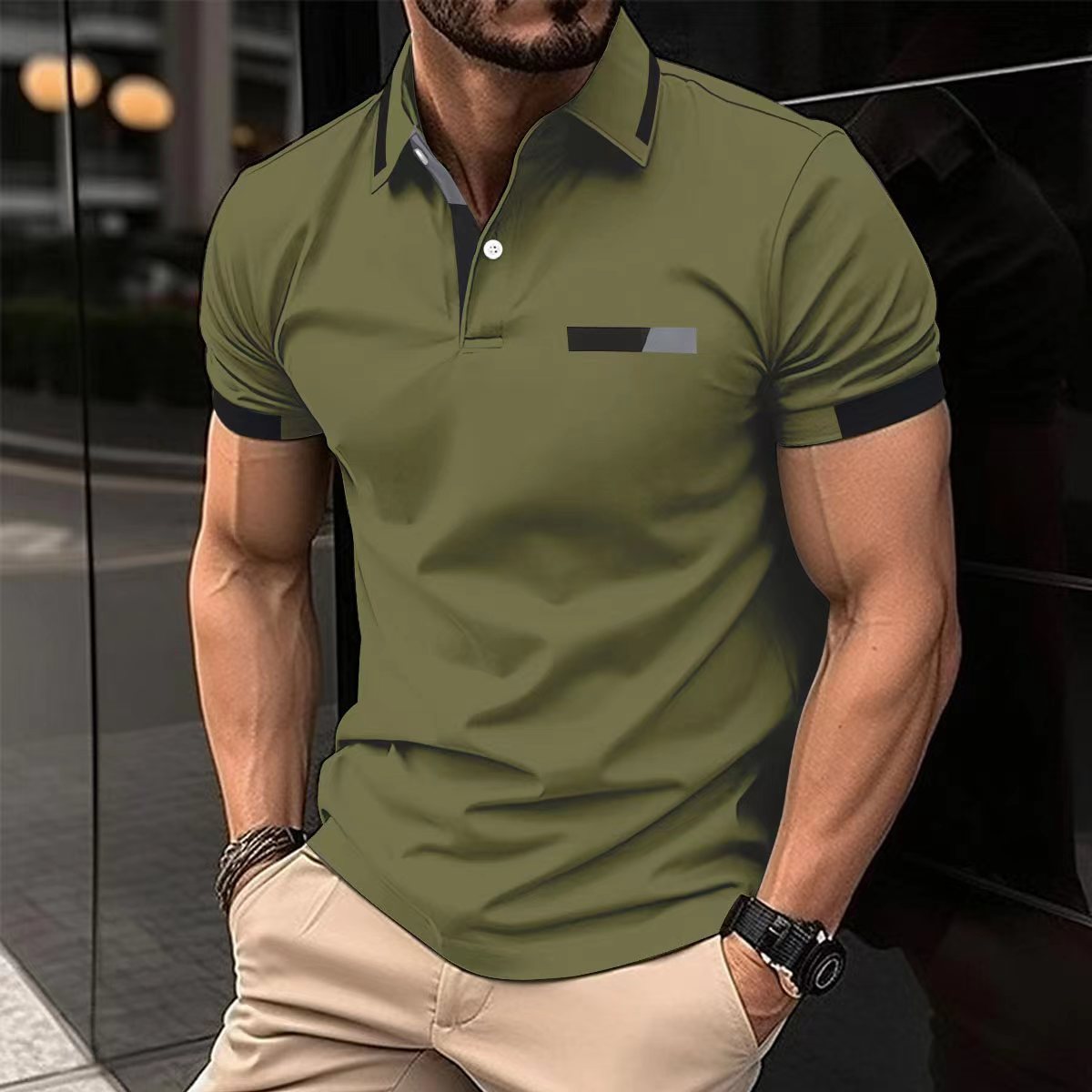 Herren Polo-Shirt mit Knopfleiste und Fake-Tasche – Casual & Business Look, Sommer T-Shirt mit Kragen