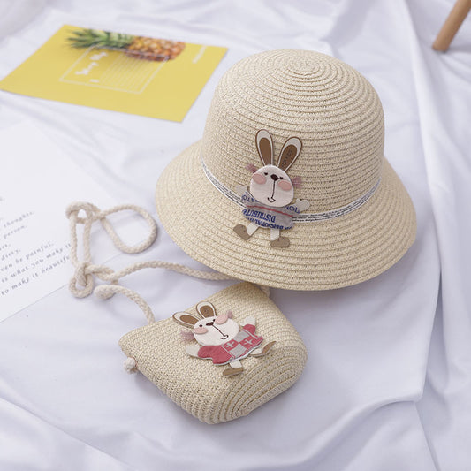 Sommer-Set für Kinder – Strohhut & Tasche mit süßer Hasen-Deko