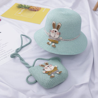 Sommer-Set für Kinder – Strohhut & Tasche mit süßer Hasen-Deko