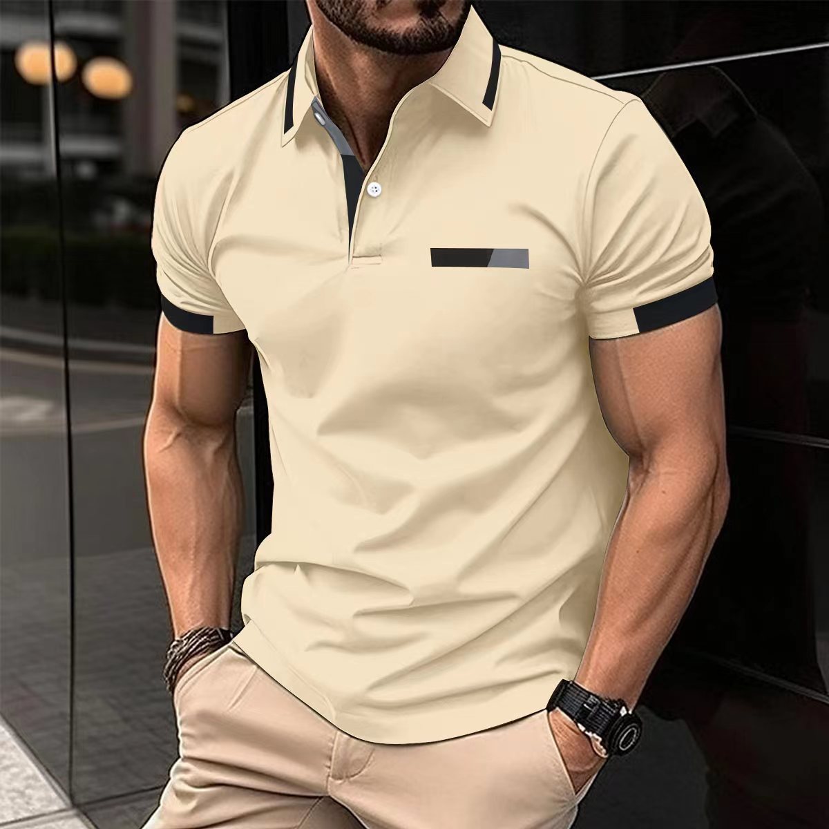 Herren Polo-Shirt mit Knopfleiste und Fake-Tasche – Casual & Business Look, Sommer T-Shirt mit Kragen