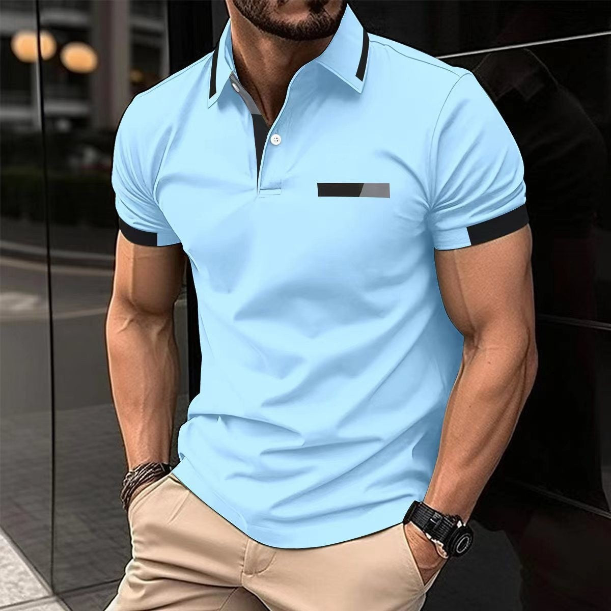 Herren Polo-Shirt mit Knopfleiste und Fake-Tasche – Casual & Business Look, Sommer T-Shirt mit Kragen