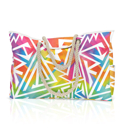 Große gestreifte Strandtasche mit Print