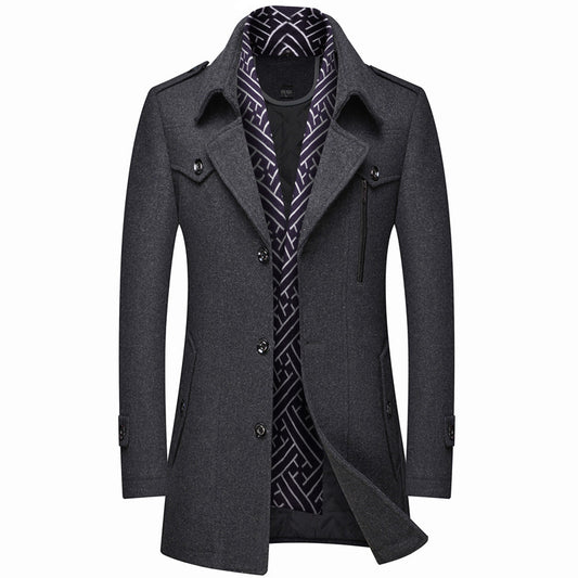 Herren Wollmantel mit Stehkragen – Klassischer Winter Trenchcoat mit dickem Innenfutter