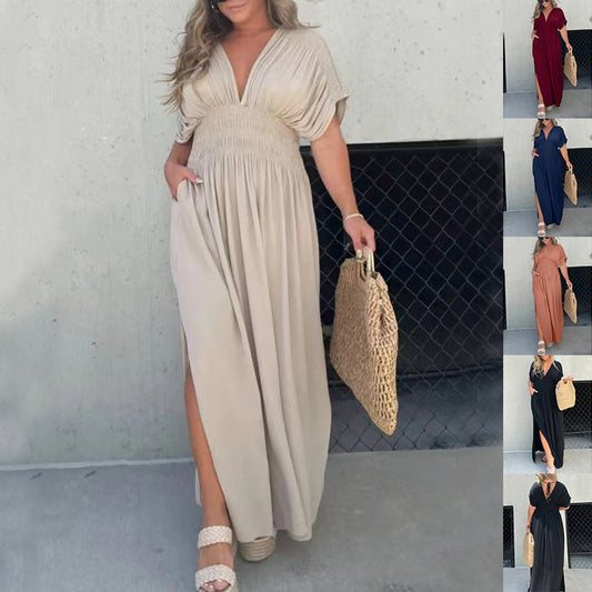 Damen Sommerkleid mit V-Ausschnitt – Maxi-Kleid