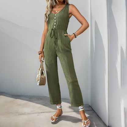 Ärmelloser V-Ausschnitt-Jumpsuit mit Gürtel