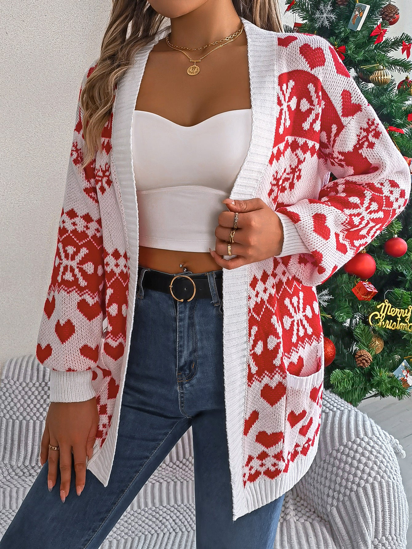 Weihnachts-Cardigan – Offener Strick mit Rentier-Print | Damen