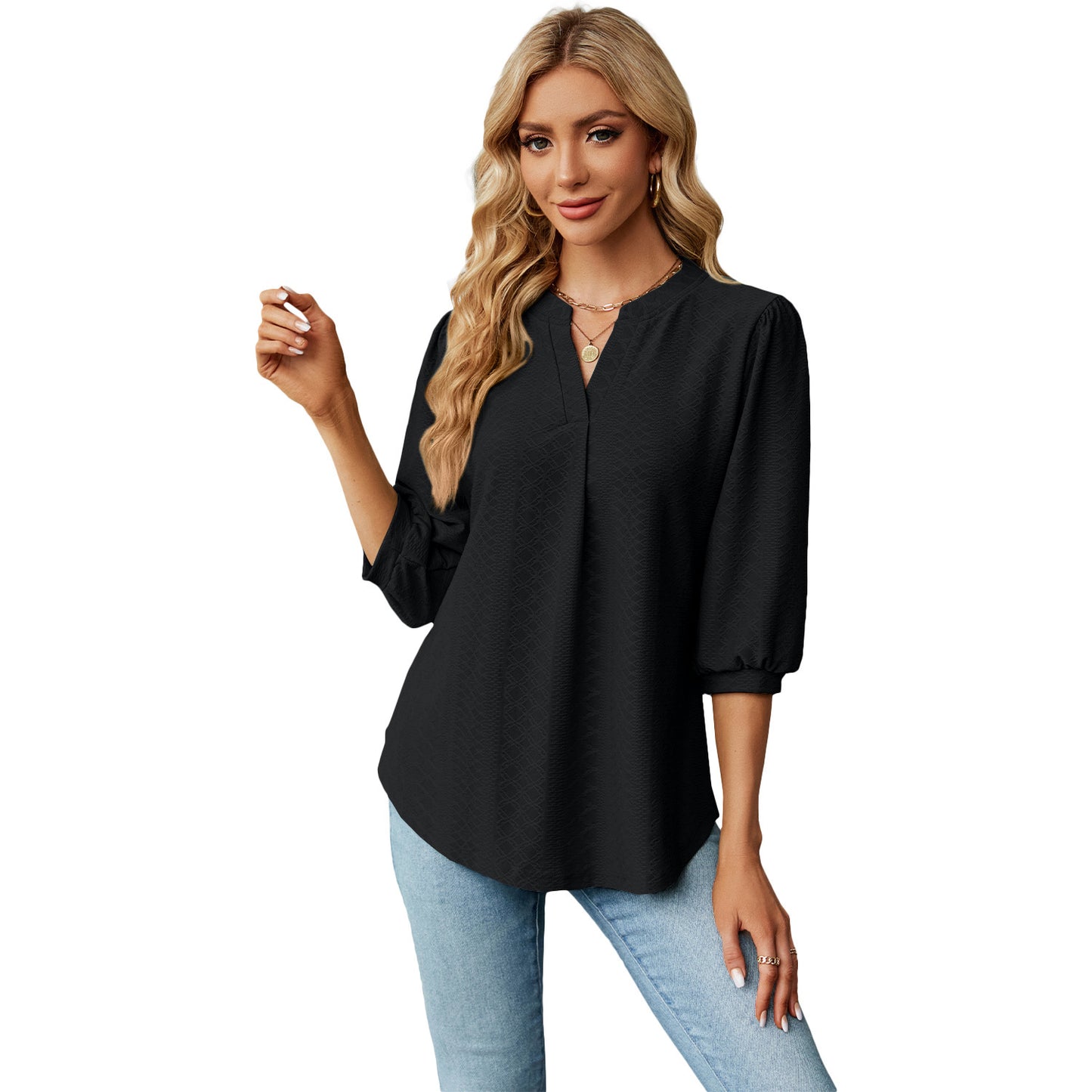 Elegantes Jacquard-Shirt mit V-Ausschnitt