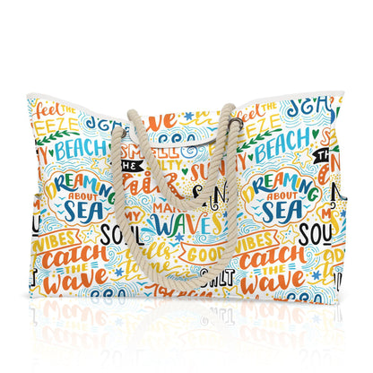 Große gestreifte Strandtasche mit Print