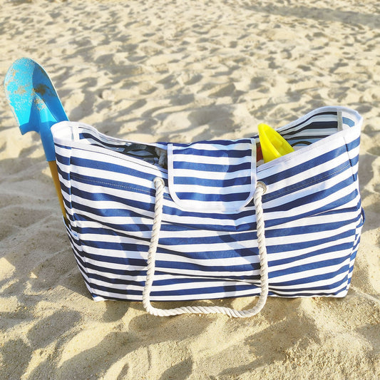 Große gestreifte Strandtasche mit Print