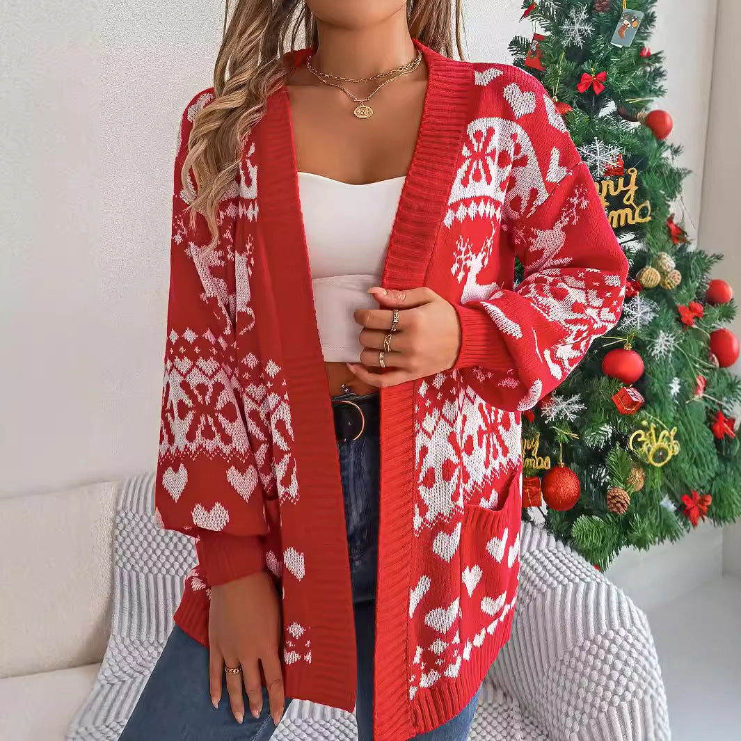 Weihnachts-Cardigan – Offener Strick mit Rentier-Print | Damen