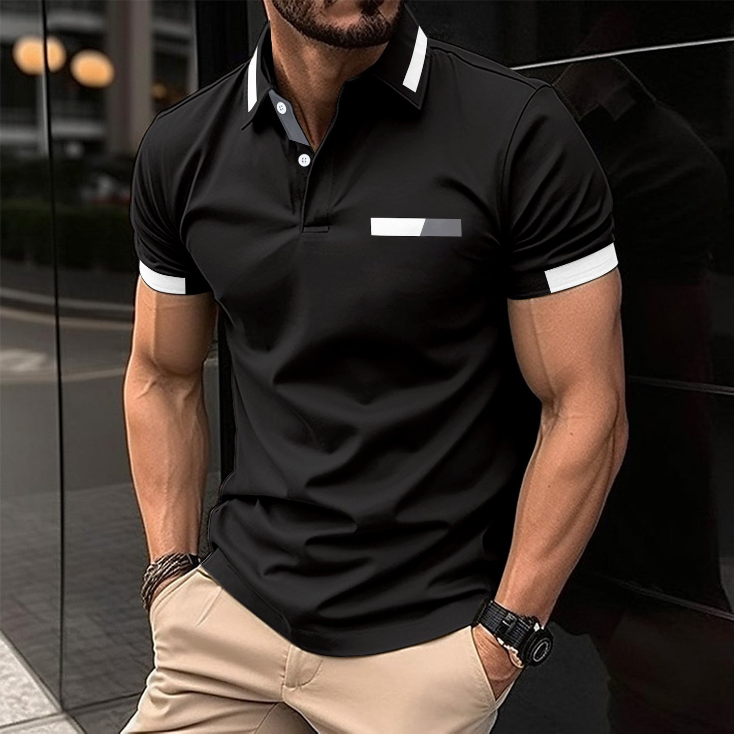 Herren Polo-Shirt mit Knopfleiste und Fake-Tasche – Casual & Business Look, Sommer T-Shirt mit Kragen