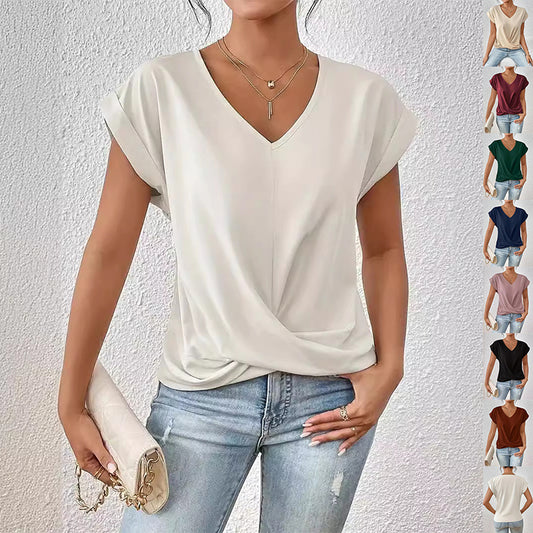 Sommer-T-Shirt mit V-Ausschnitt & Knoten-Detail