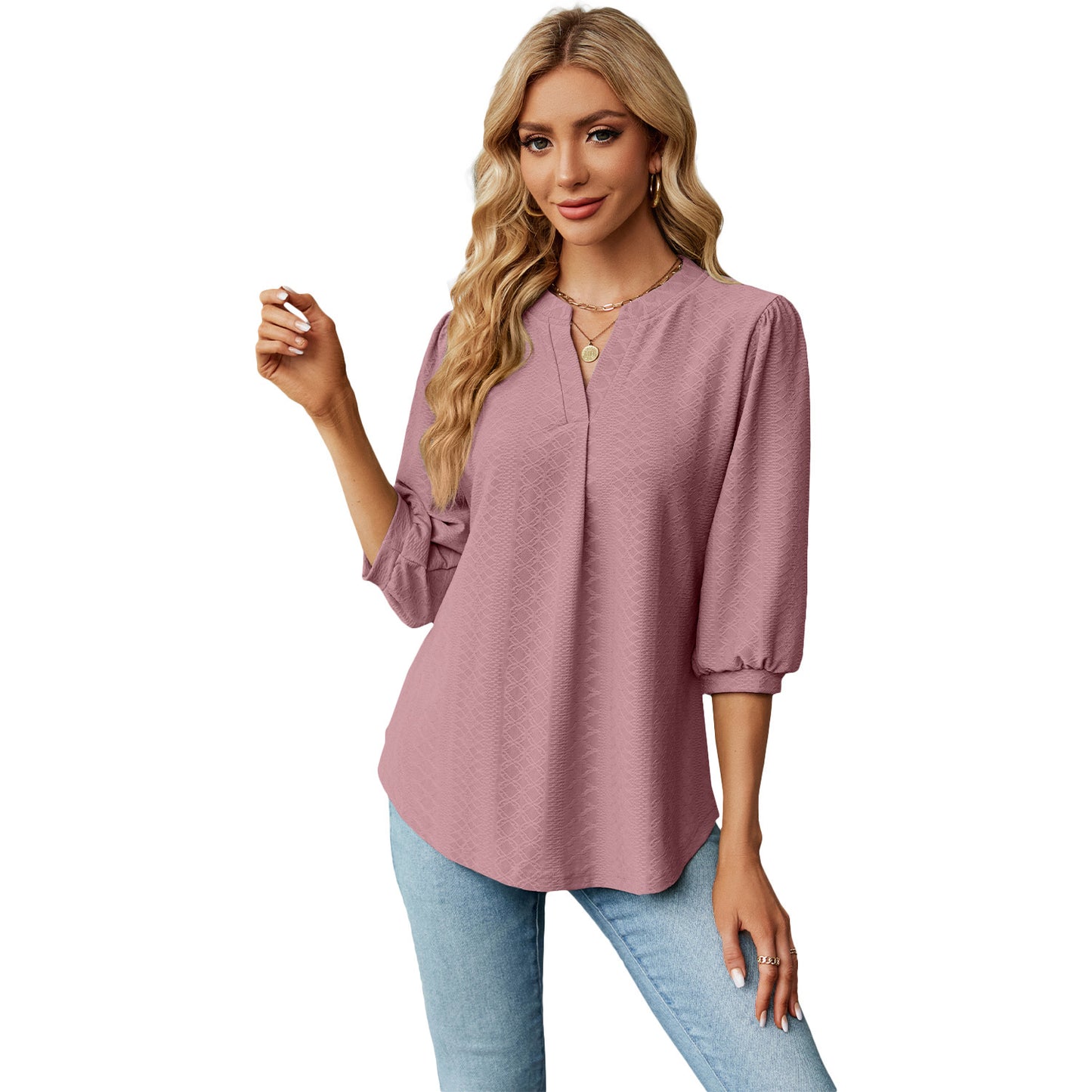 Elegantes Jacquard-Shirt mit V-Ausschnitt