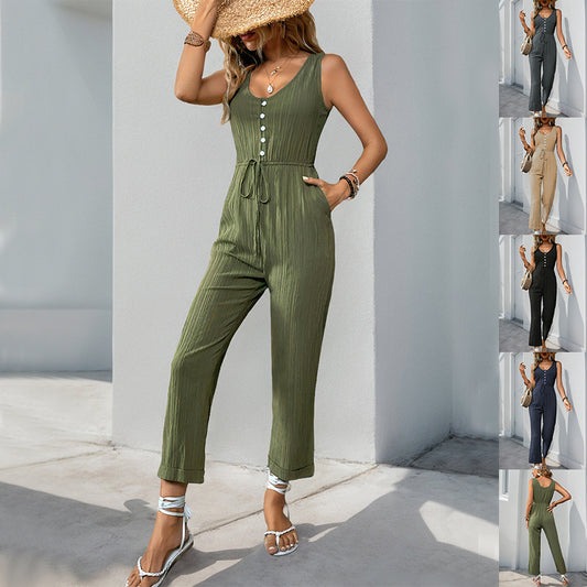 Ärmelloser V-Ausschnitt-Jumpsuit mit Gürtel