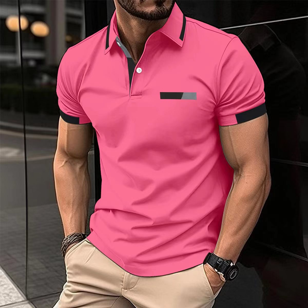 Herren Polo-Shirt mit Knopfleiste und Fake-Tasche – Casual & Business Look, Sommer T-Shirt mit Kragen