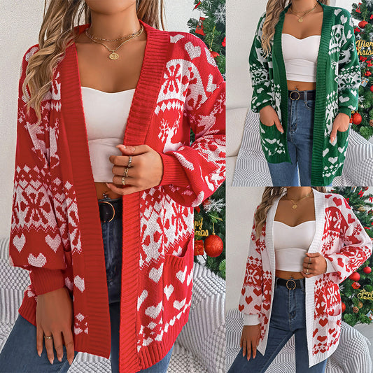 Weihnachts-Cardigan – Offener Strick mit Rentier-Print | Damen